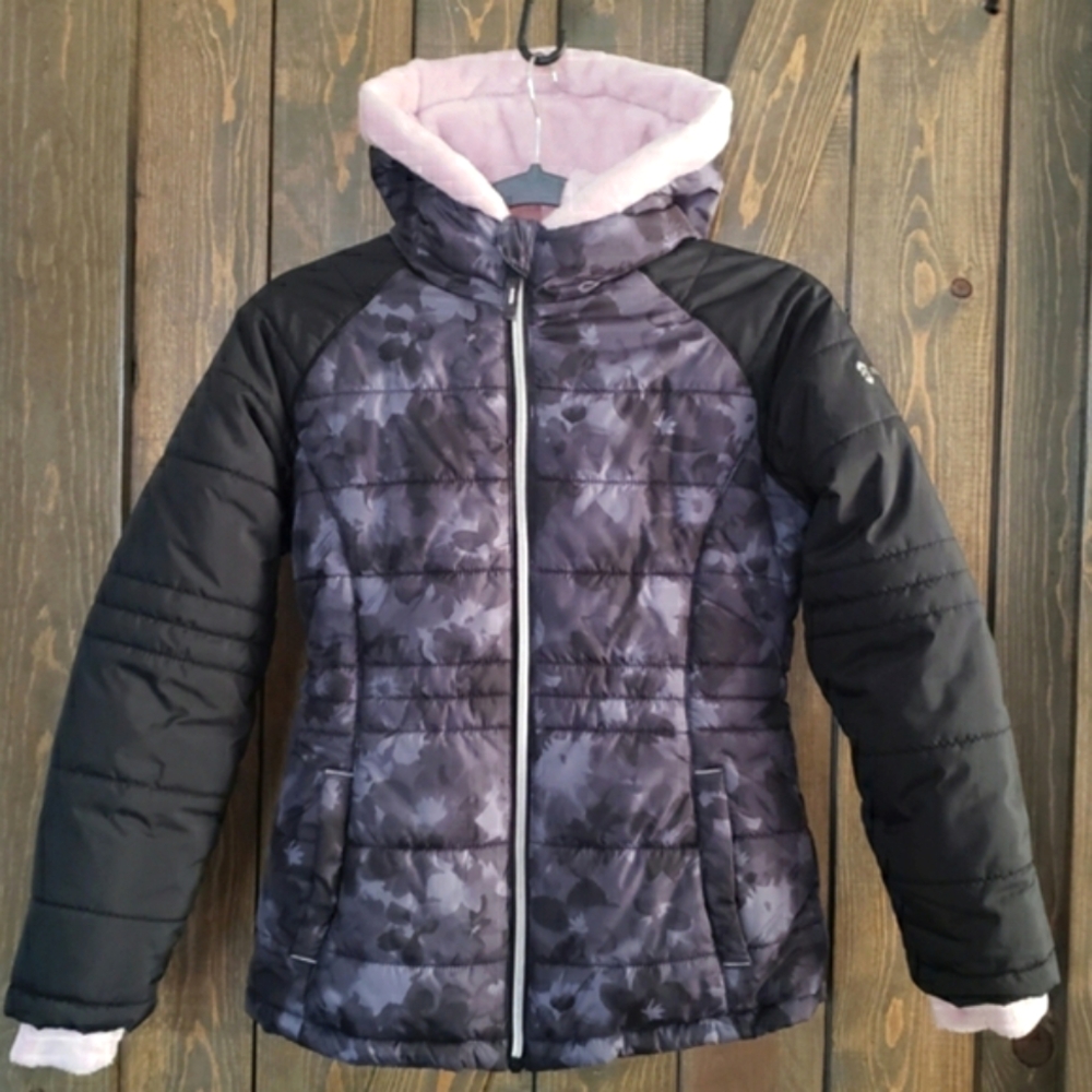 Girls' Free Country Sleek Quilted Bib Puffer Jacket Blk/Gray/Pink Size M (10/12)